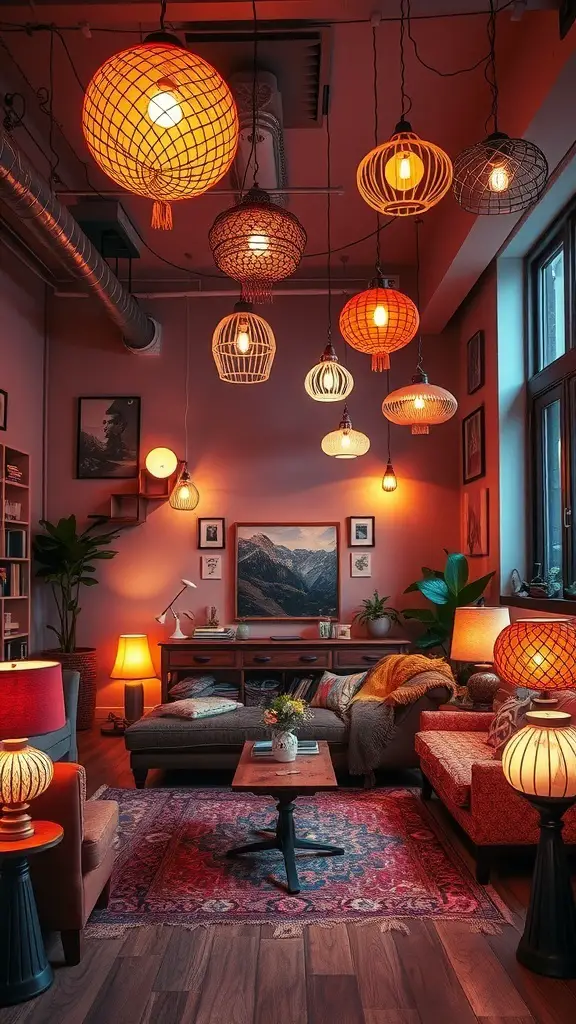 A cozy living room with creative lighting solutions featuring various hanging pendant lights.