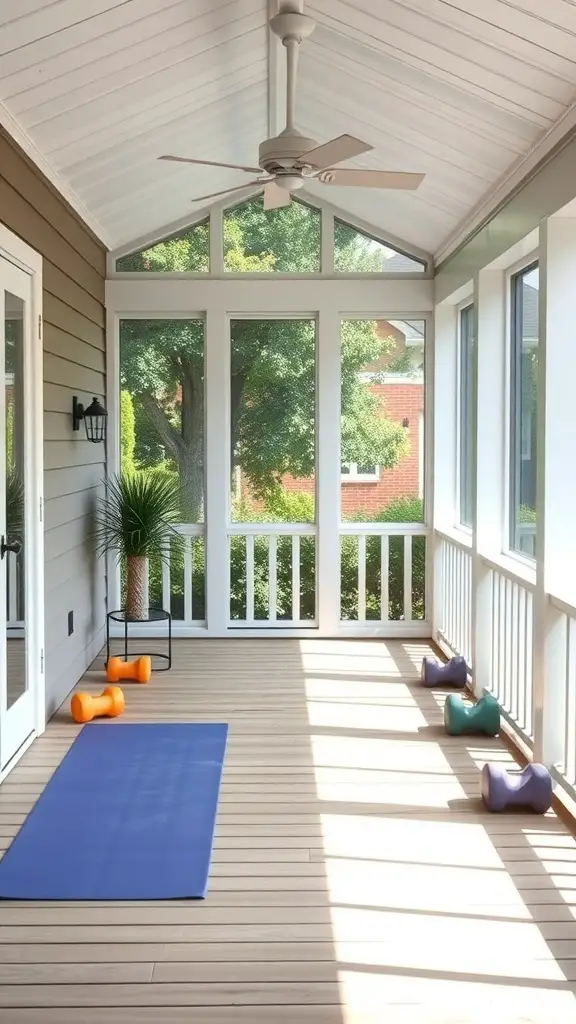 A small screened-in porch with a blue yoga mat, colorful dumbbells, and a potted plant.