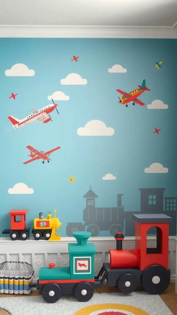 A colorful transportation-themed nursery with airplanes and trains on the wall.