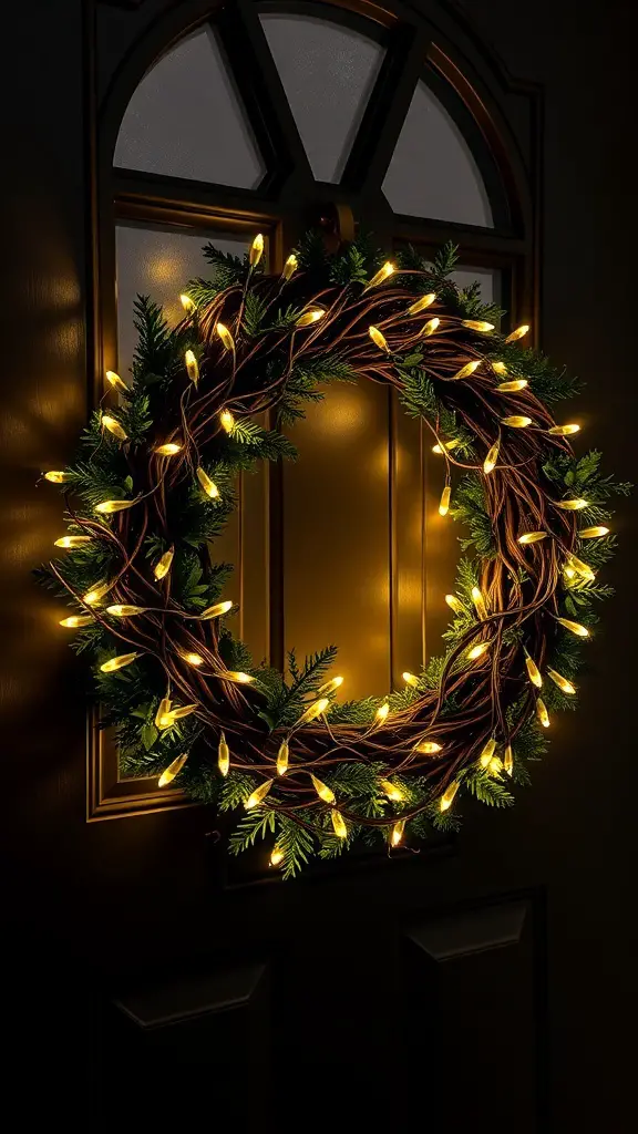 A winter wreath with twinkling fairy lights hanging on a front door.