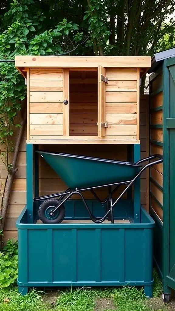 Colorful stackable wheelbarrows stored against a wooden wall