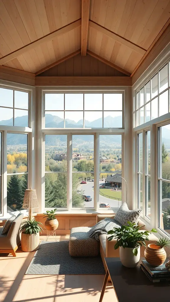 29+ Stunning Sunroom Addition Ideas Off Your Kitchen 10 Bright sunroom with large windows showcasing a mountain view