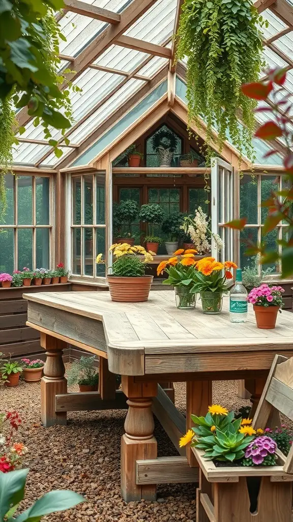 29+ Creative DIY Greenhouse Table Ideas for Your Garden 8 A wooden greenhouse table surrounded by colorful flowers and plants in a greenhouse setting.