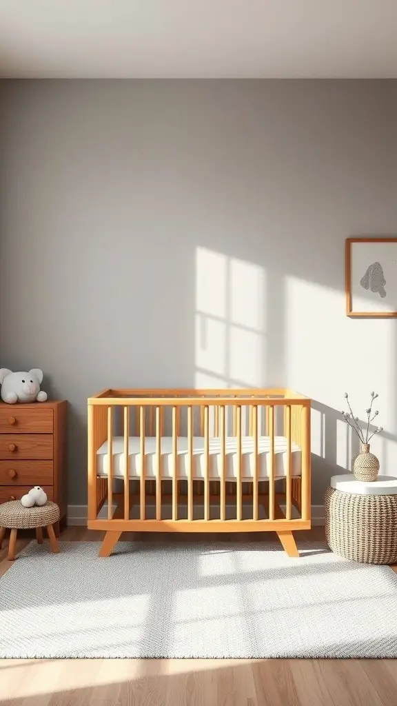 27+ Adorable Neutral Baby Room Ideas to Inspire Your Nursery Design 8 A cozy baby room featuring warm gray walls and natural wood accents, including a wooden crib and dresser.