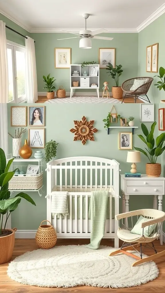 A beautifully decorated sage green nursery featuring a white crib, plants, and cozy decor.