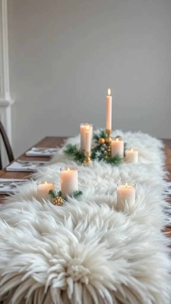 A winter table centerpiece featuring a faux fur runner with candles and decorative accents.