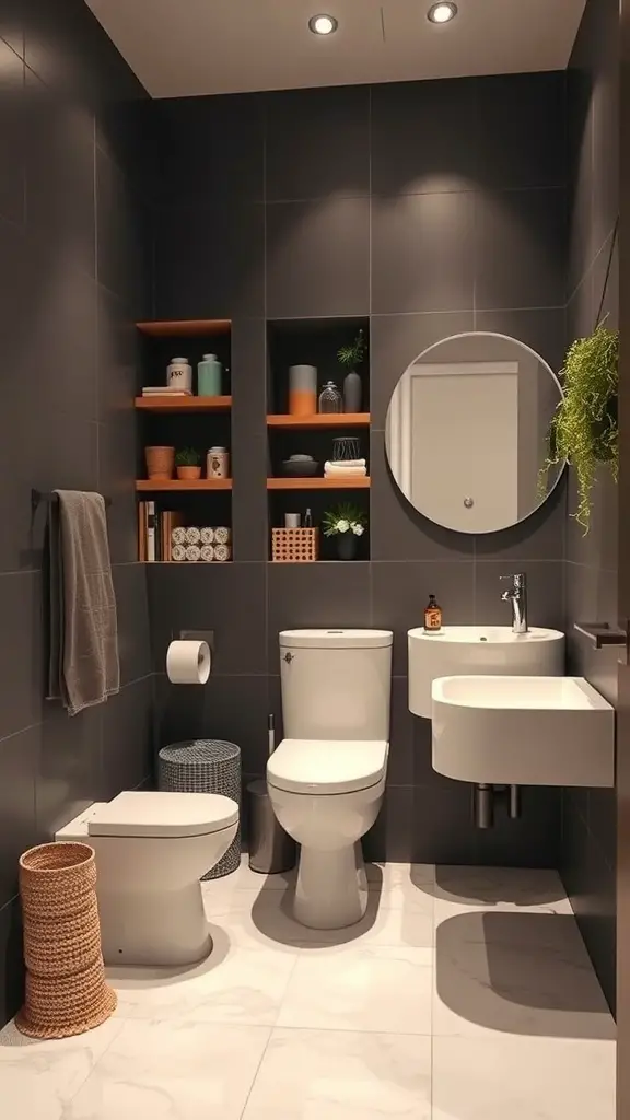 A small, modern bathroom featuring dark tiles, wooden shelves, and a round mirror.