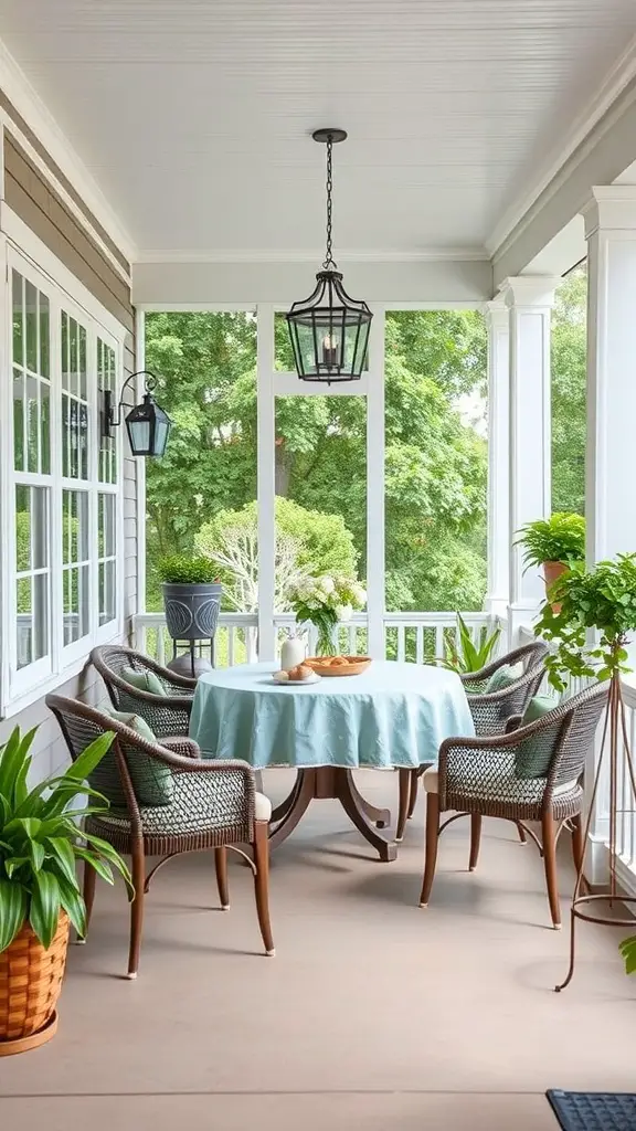 23+ Inspiring Three Season Porch Ideas to Transform Your Space 3 A cozy porch with a round table and wicker chairs, surrounded by greenery.
