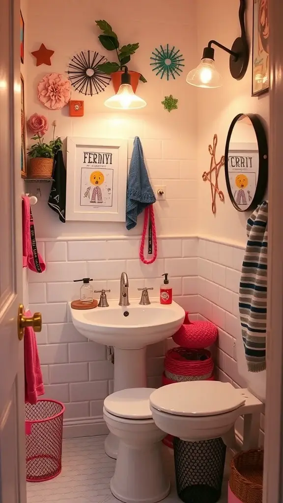 A small funky bathroom with colorful decor, personalized accessories, and creative lighting.