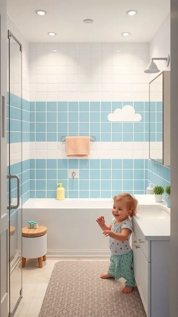 27+ Whimsical Kids Bathroom Ideas for a Fun and Functional Space 16 A bright kids' bathroom with blue and white tiles, featuring a smiling child and easy-to-clean surfaces.