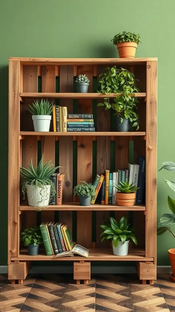 23+ Creative DIY Bookshelf Ideas 16 A DIY pallet bookshelf with plants and books, showcasing eco-friendly decor