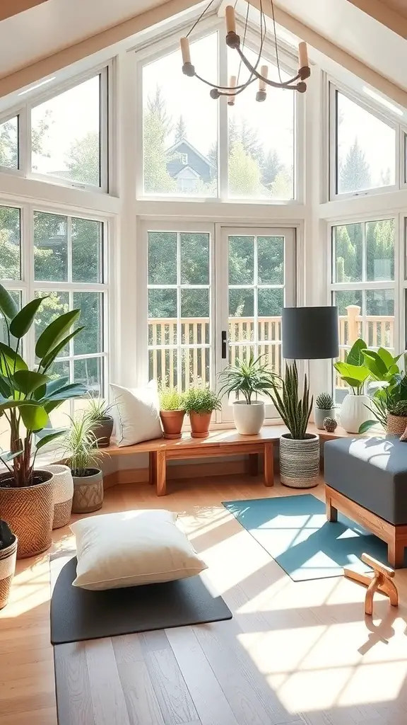 27+ Cozy Cottage Sunroom Ideas You’ll Love 15 A bright and airy sunroom with large windows, plants, and yoga mats.