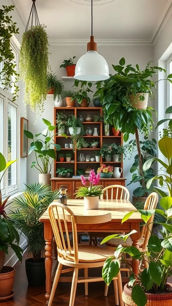 A bright dining room filled with various indoor plants, showcasing a lively and inviting atmosphere.