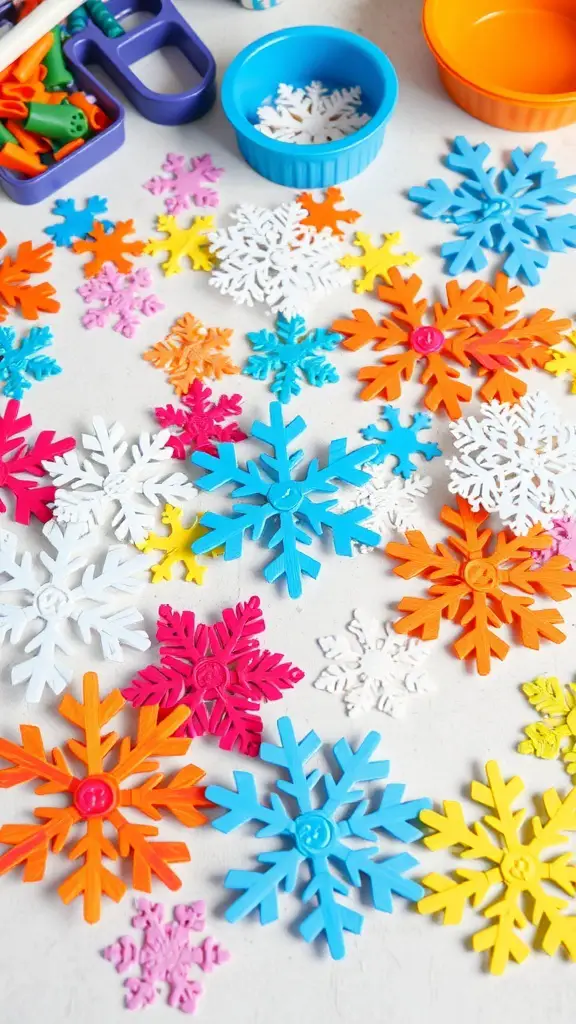 27+ Creative Winter Crafts Preschoolers Ideas 5 Colorful snowflake shapes scattered on a table with crafting supplies