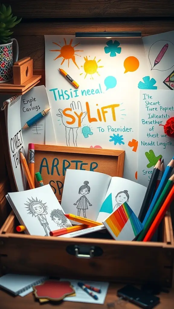 23+ Unique Memory Box Ideas s 11 Colorful artistic supplies and sketches in a wooden box, showcasing an artistic inspiration board.