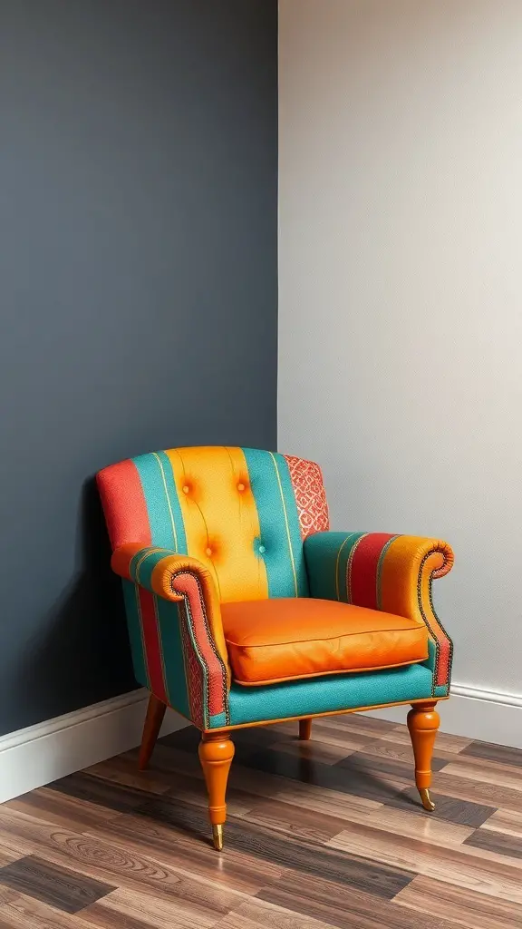 A colorful, funky painted chair with stripes and an orange cushion, positioned in a corner against a neutral wall.