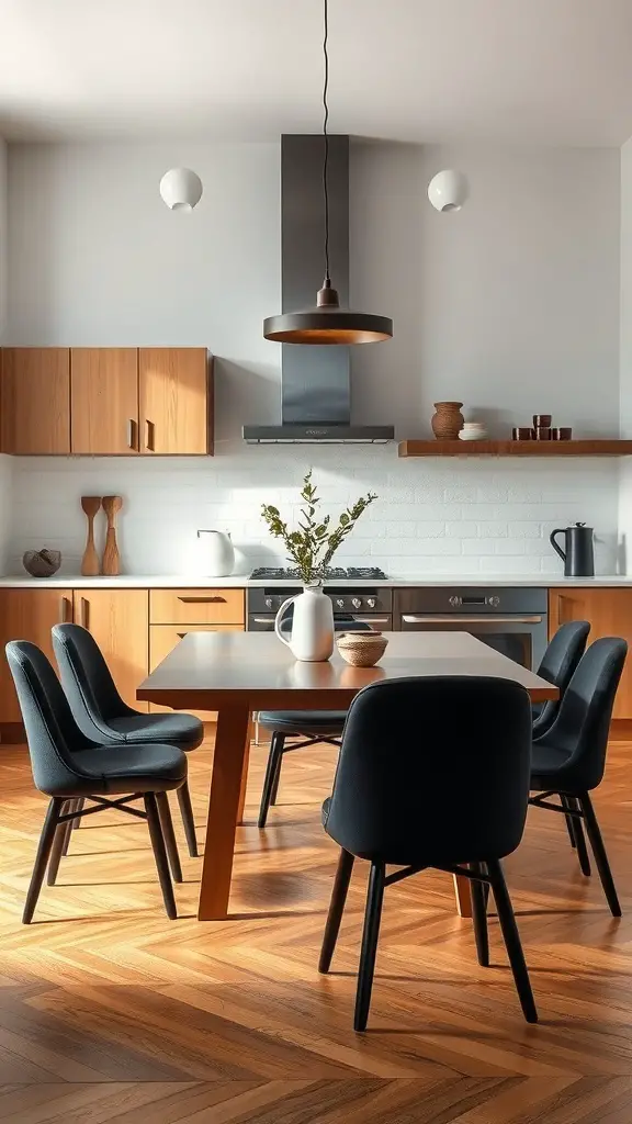 A modern dining area featuring black chairs and a wooden table, with a bright and airy atmosphere.