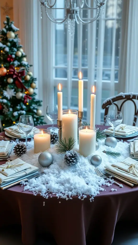 A beautifully decorated table centerpiece featuring candles, faux snow, pinecones, and silver ornaments, set in a cozy dining area.