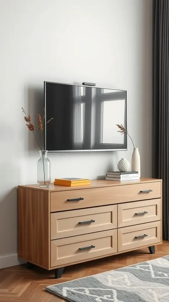 A modern wooden media console with a wall-mounted TV, featuring decorative items and storage drawers.