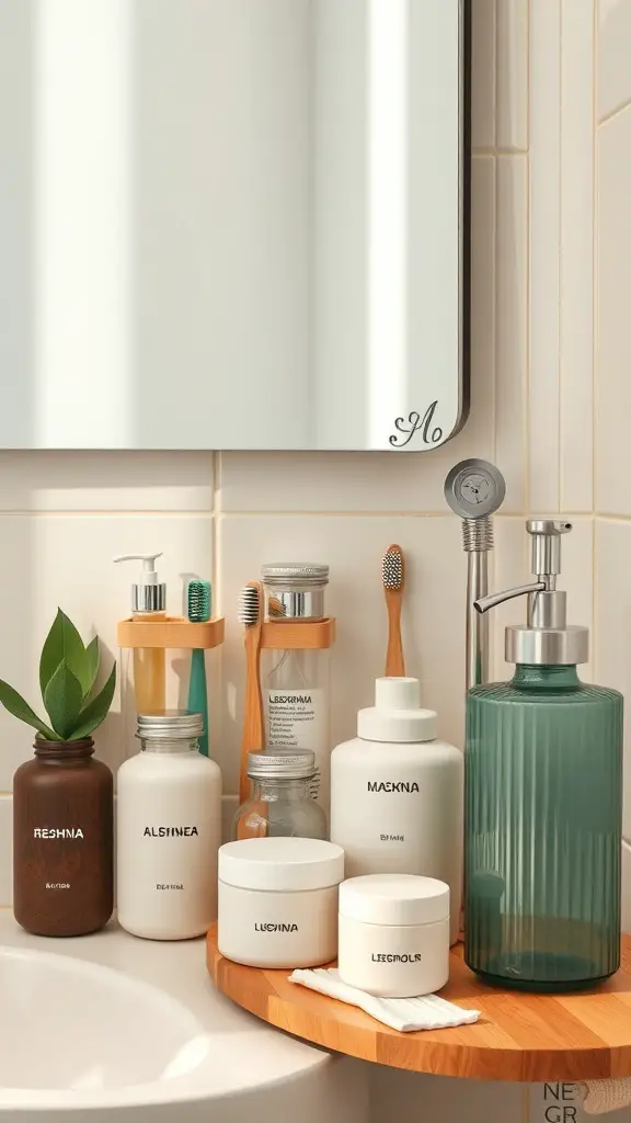 A neatly organized bathroom shelf with eco-friendly containers and a small plant.