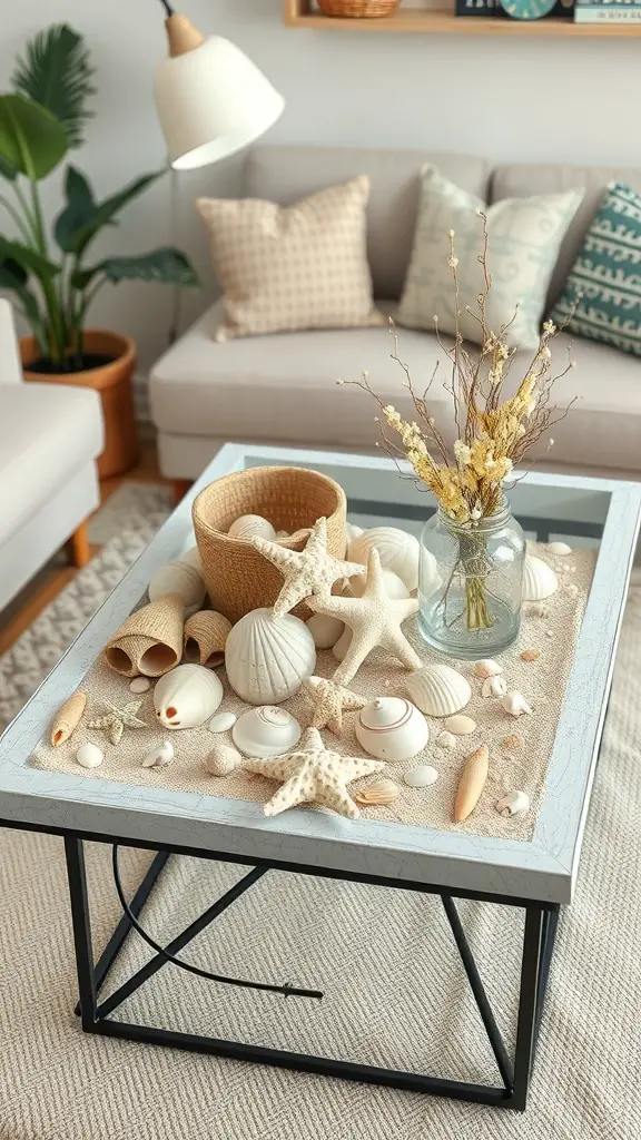 A beach-themed coffee table arrangement featuring seashells, starfish, and a glass jar with dried flowers.