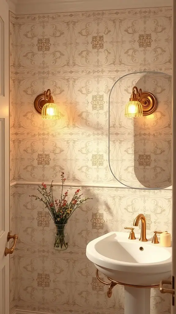 A vintage-style bathroom with brass sconces and floral wallpaper.