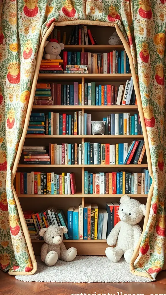 23+ Creative DIY Bookshelf Ideas 10 A cozy fabric-covered bookshelf with colorful floral patterns, filled with books and two plush teddy bears sitting on the floor.