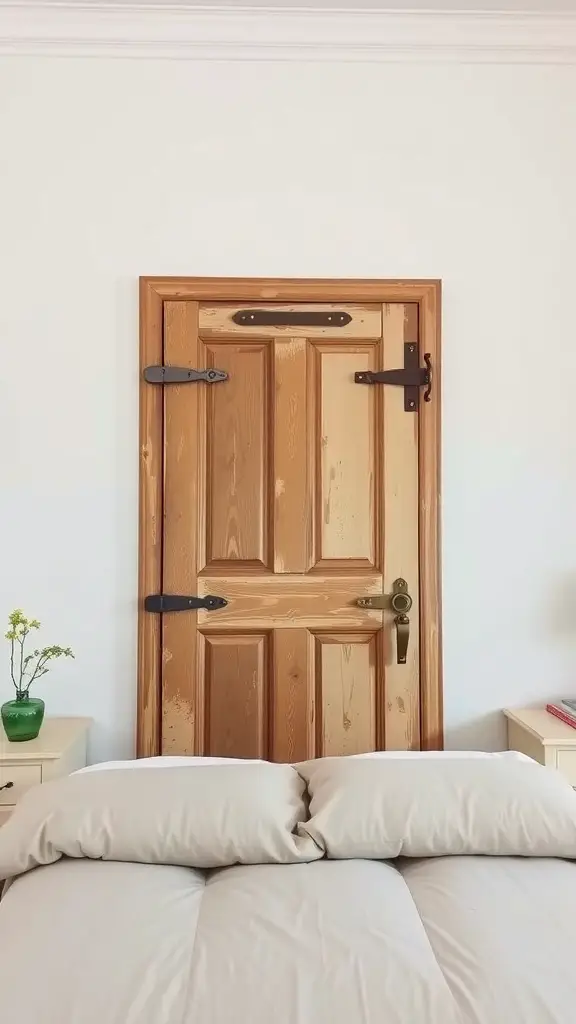 23+ Creative DIY Headboard Ideas to Transform Your Bedroom 4 A repurposed wooden door used as a headboard in a bedroom