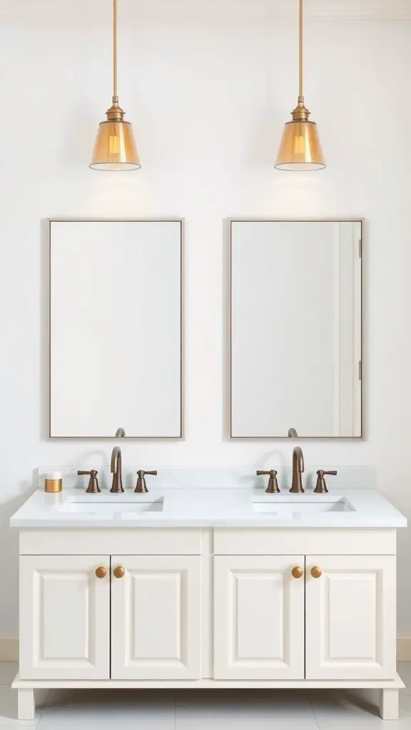 25+ Creative Bathroom Mirror Ideas to Elevate Your Space 11 A bathroom featuring double mirrors above a vanity with warm pendant lighting.