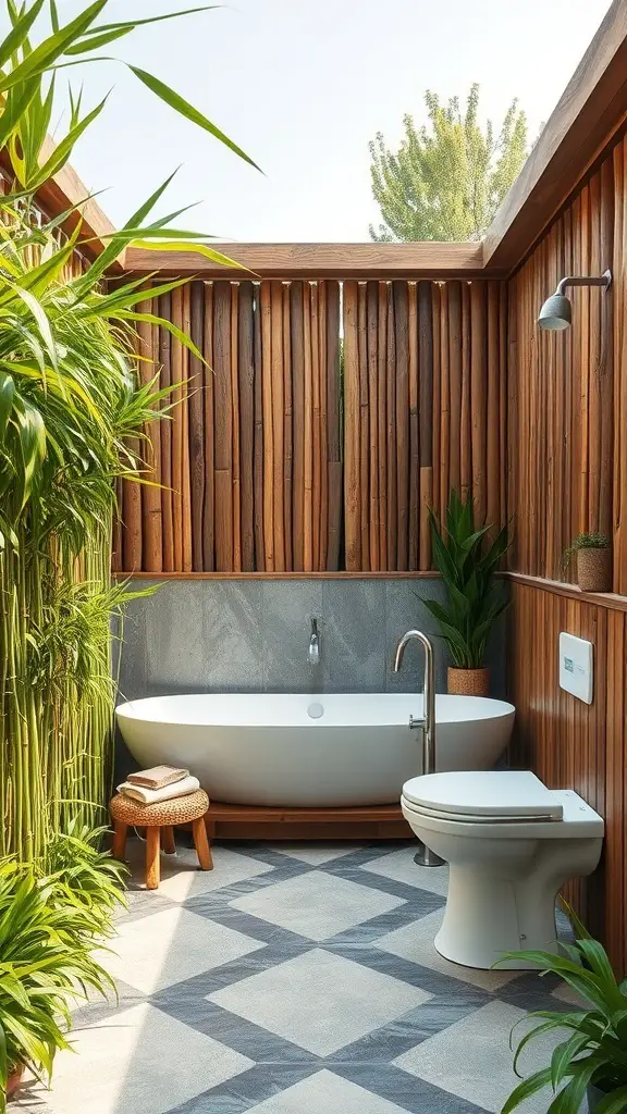 A semi-outdoor bathroom with wooden slats, a bathtub, and plants.