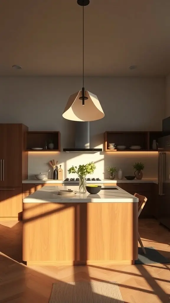 A sculptural pendant light hanging over a kitchen island with wooden cabinetry and a bright atmosphere.