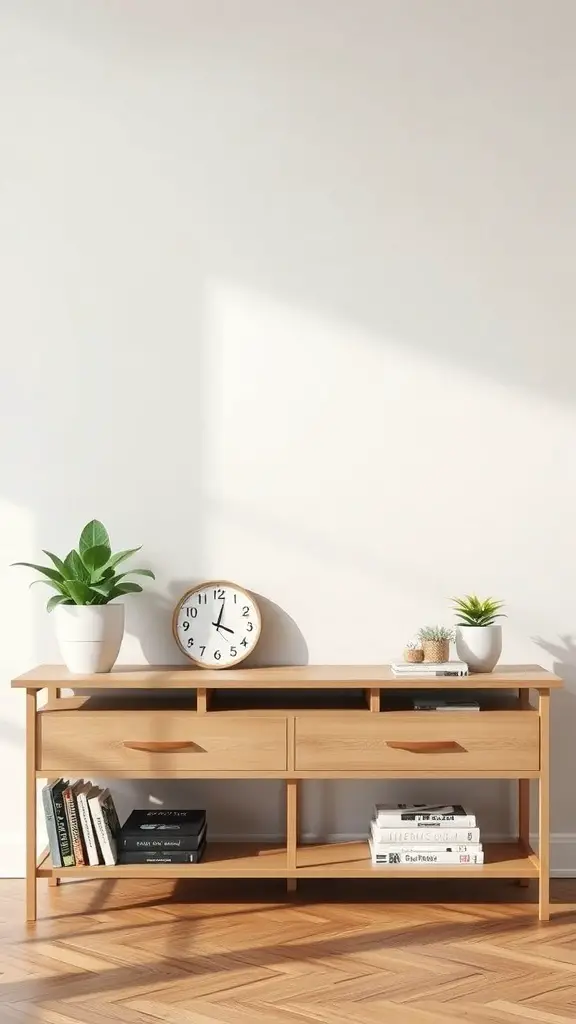 A wooden TV stand with open shelves, drawers, and decorative plants on top.