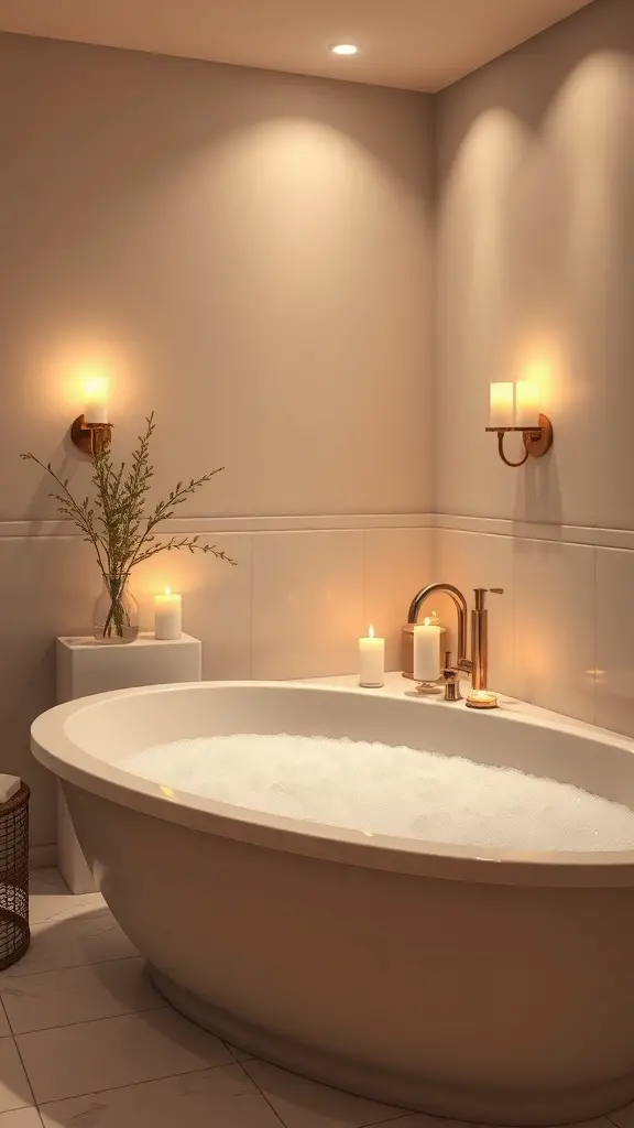 A serene bathroom with warm ambient lighting, featuring a soaking tub, candles, and a plant.