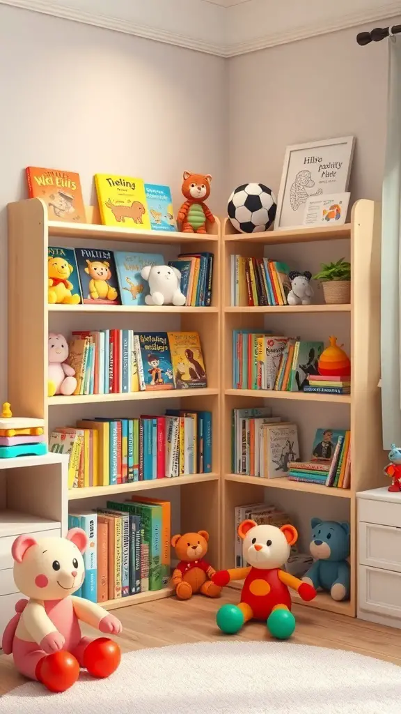 A colorful corner bookshelf in a kids' room filled with children's books and stuffed toys.