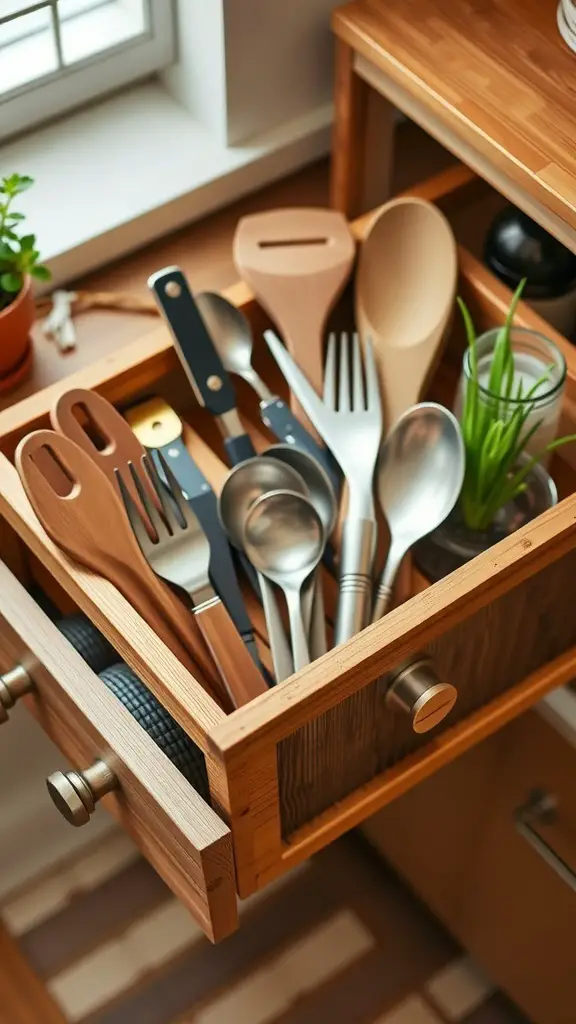15 Must-Have Kitchen Gadgets for Ultimate Organization 16 A bamboo drawer organizer filled with various kitchen utensils.