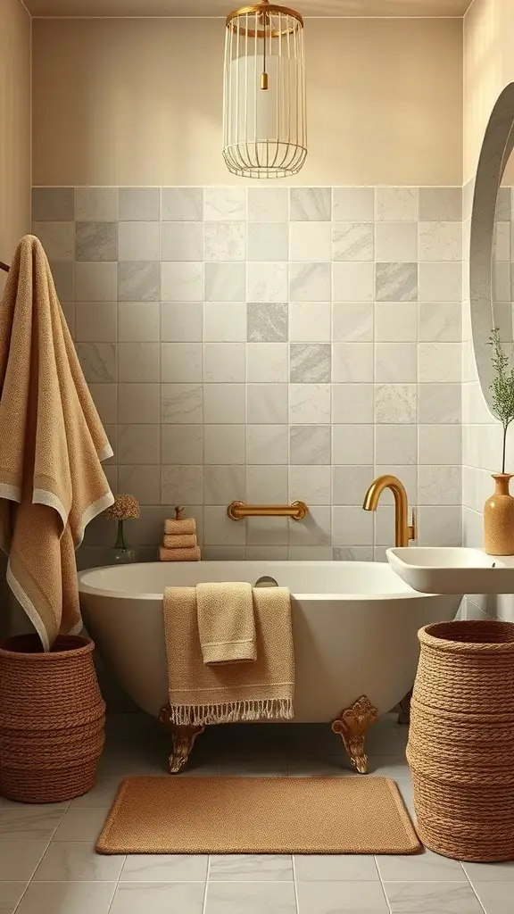 A cozy bathroom featuring organic towels and linens in warm tones.