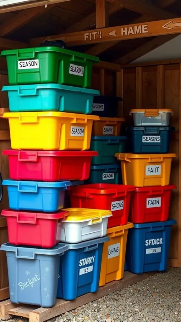 27+ Smart Small Shed Storage Ideas You Need to Try 9 Colorful storage bins stacked in a shed, labeled for seasonal items.