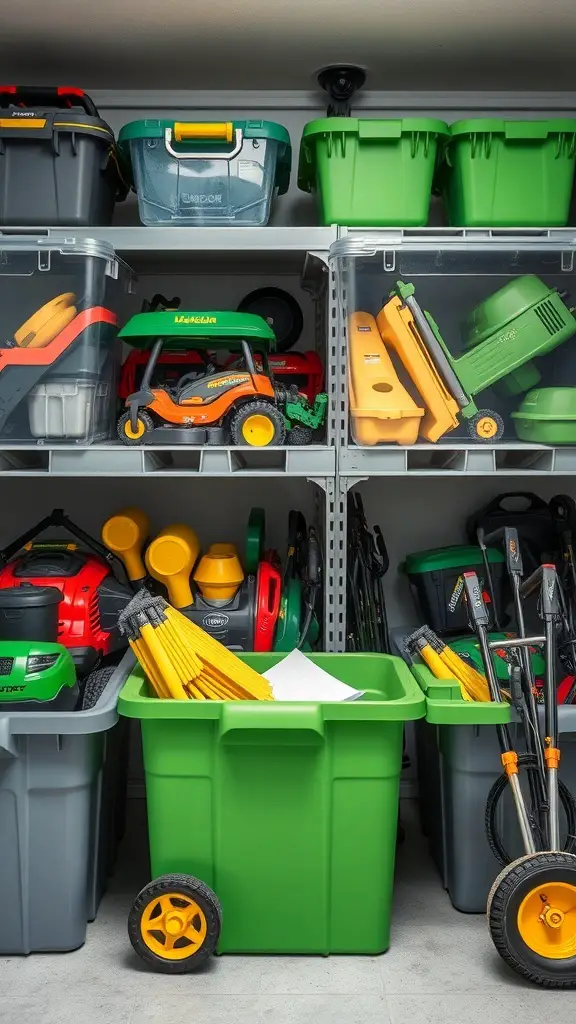 Organized lawn equipment storage with clear containers and tools.