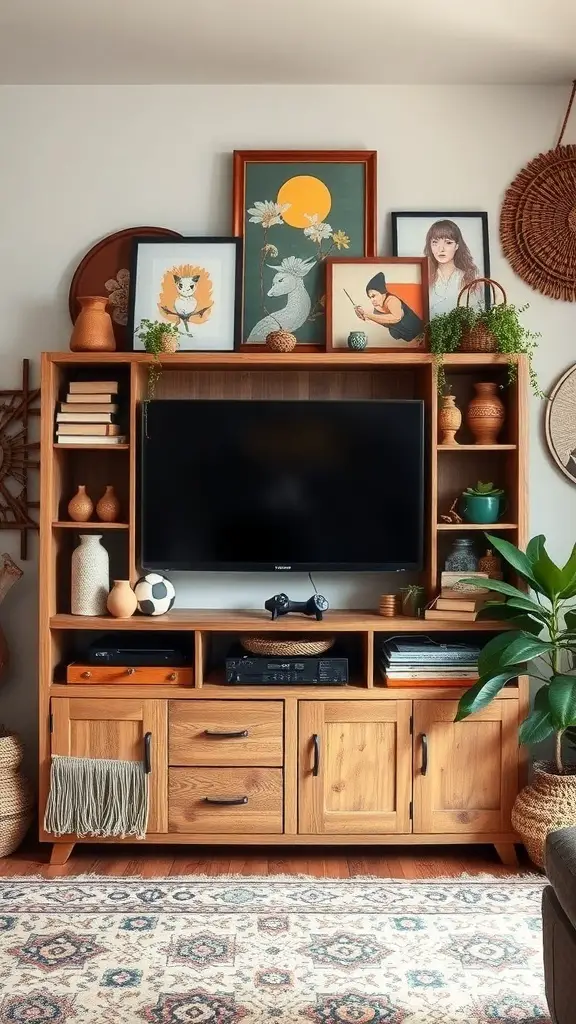 29+ Stunning Boho-Inspired Entertainment Centers to Transform Your Space 6 A boho-style entertainment center featuring framed art, plants, and personal items.