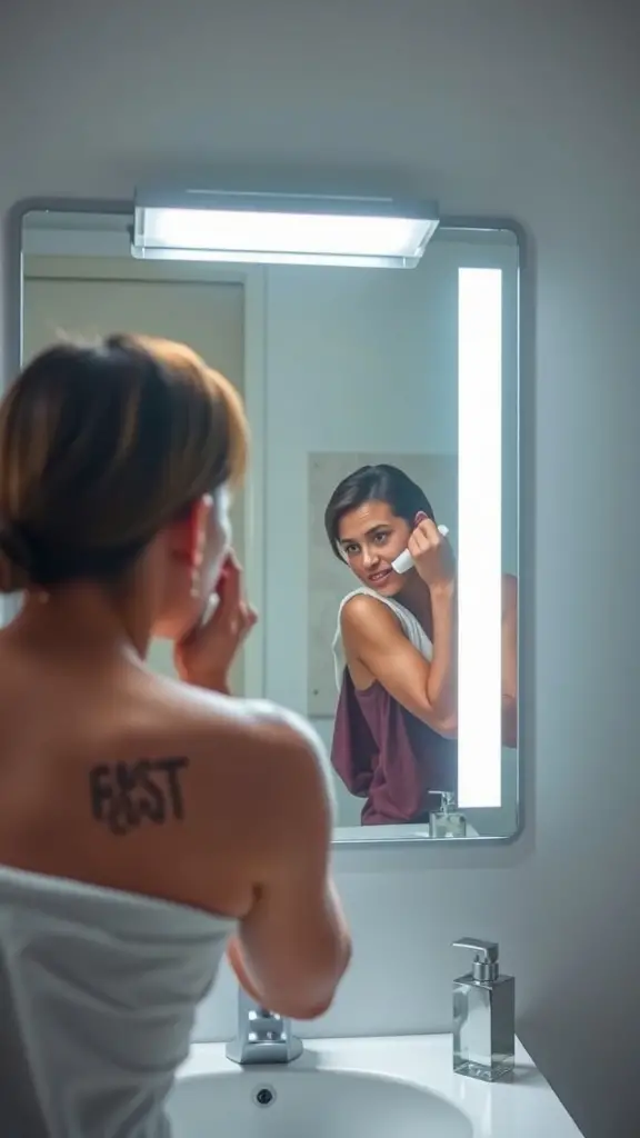 A person applying makeup in front of a well-lit bathroom mirror.