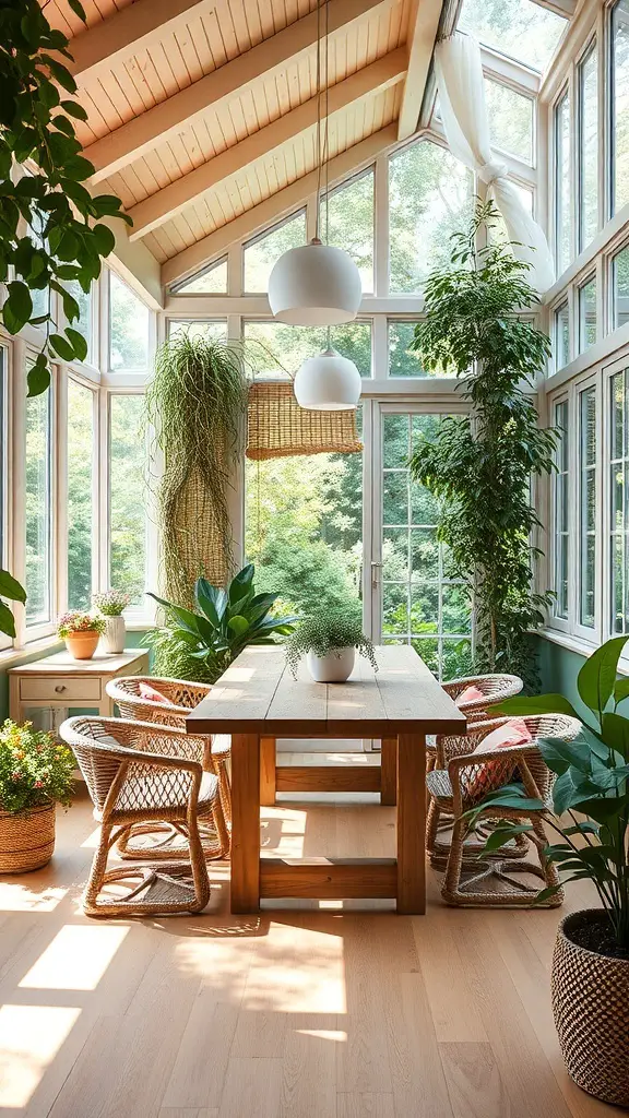 A sunroom dining area featuring a wooden table, wicker chairs, and various indoor plants.