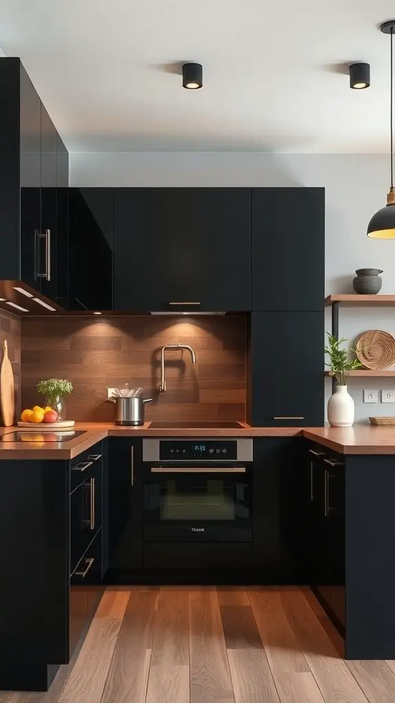 A modern kitchen featuring matte black cabinets and glossy brown wood accents.