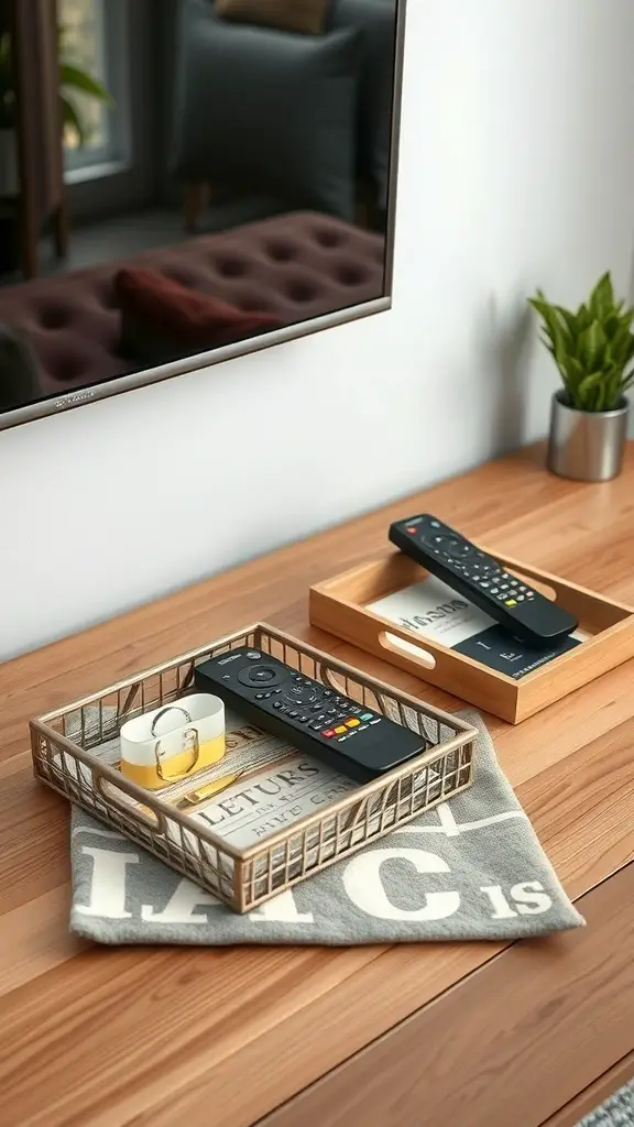 27+ Creative TV Stand Decor Ideas 8 Decorative trays on a TV stand with remote controls and accessories.