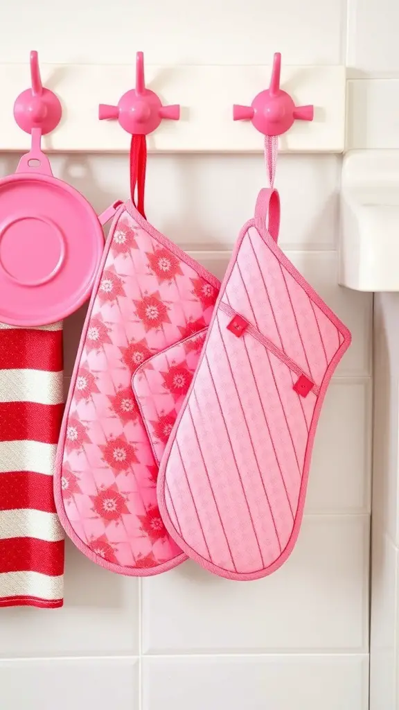 Pink pot holders and oven mitts hanging on hooks in a kitchen