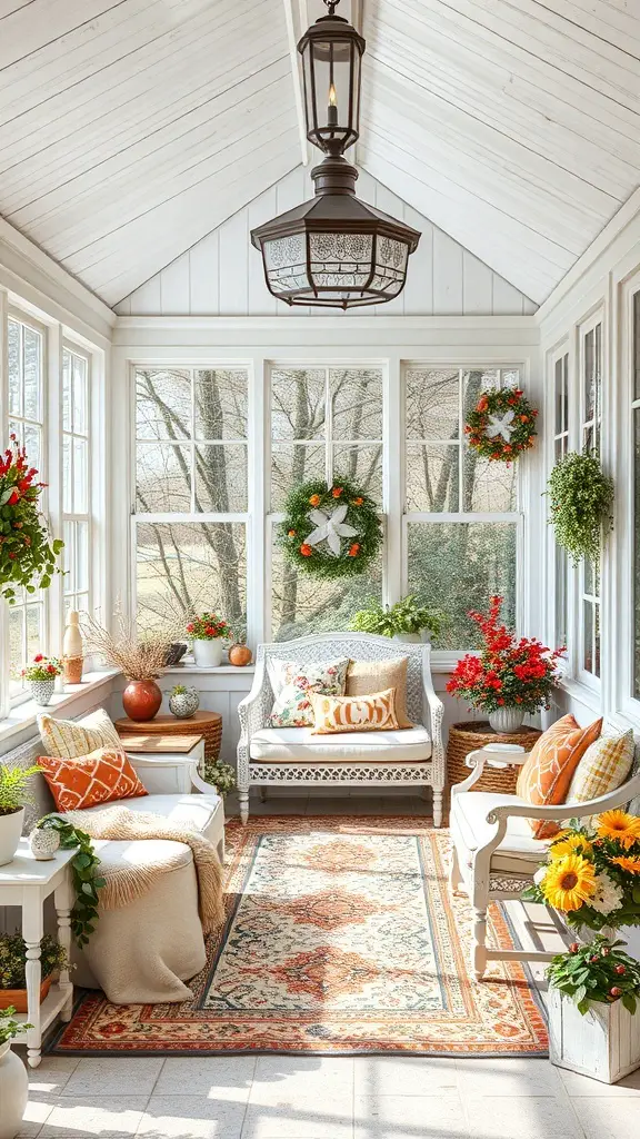 29+ Creative Sunroom Decorating Ideas You’ll Love 10 A beautifully decorated sunroom with seasonal decor, featuring plants, cozy seating, and warm colors.