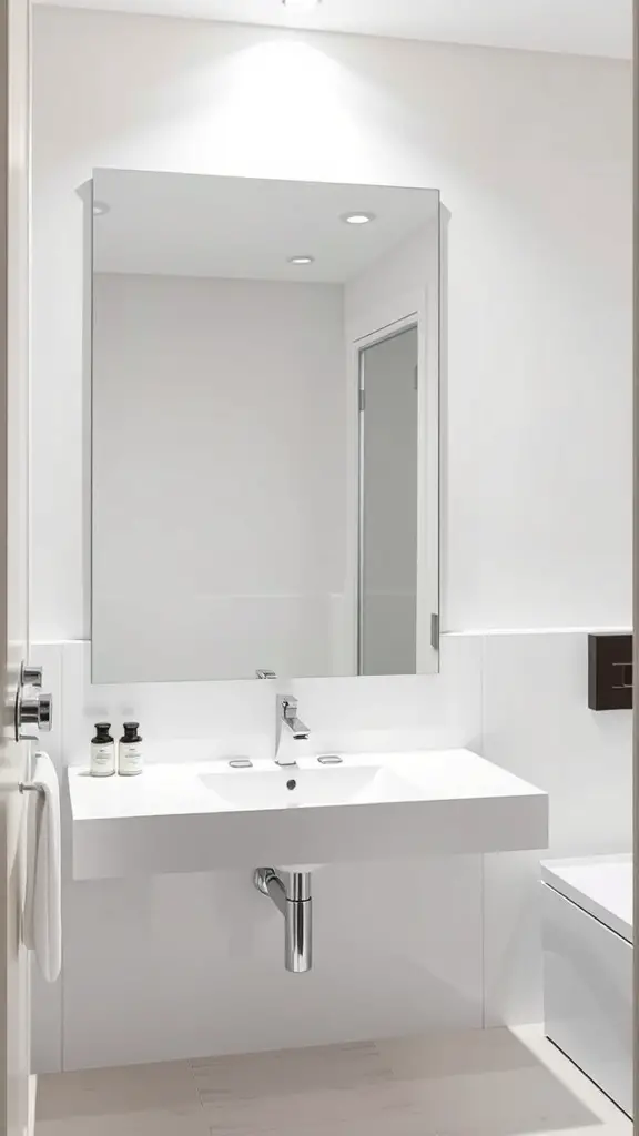 25+ Creative Bathroom Mirror Ideas to Elevate Your Space 2 A sleek minimalist bathroom mirror above a modern sink with white walls.
