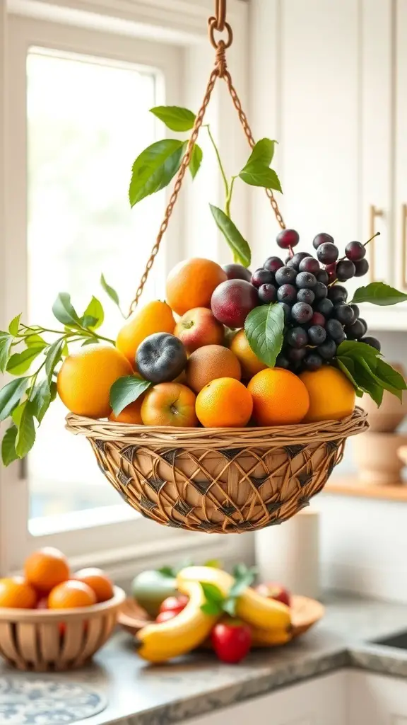 15 Must-Have Kitchen Gadgets for Ultimate Organization 6 A kitchen with hanging fruit baskets filled with various fruits, showcasing a bright and organized space.