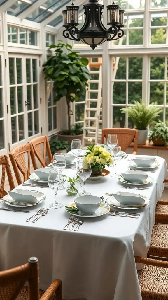 A beautifully set dining table in a sunroom with large windows and greenery.