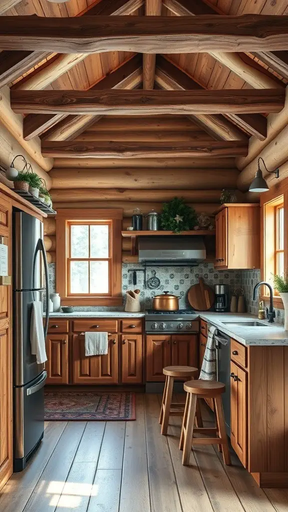 A rustic kitchen with wooden cabinets, exposed beams, and modern appliances.