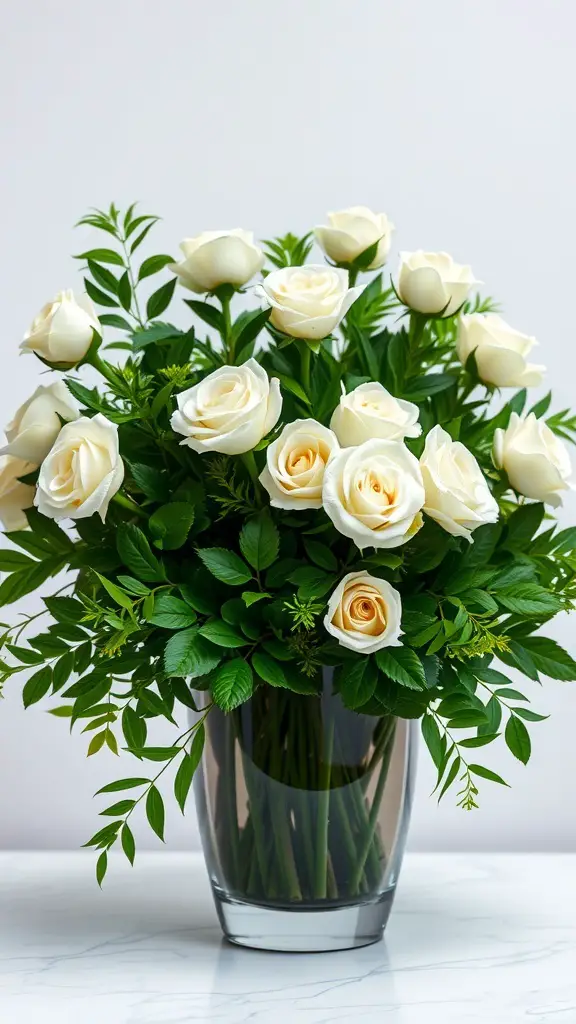 A beautiful arrangement of white roses surrounded by lush greenery in a clear glass vase.
